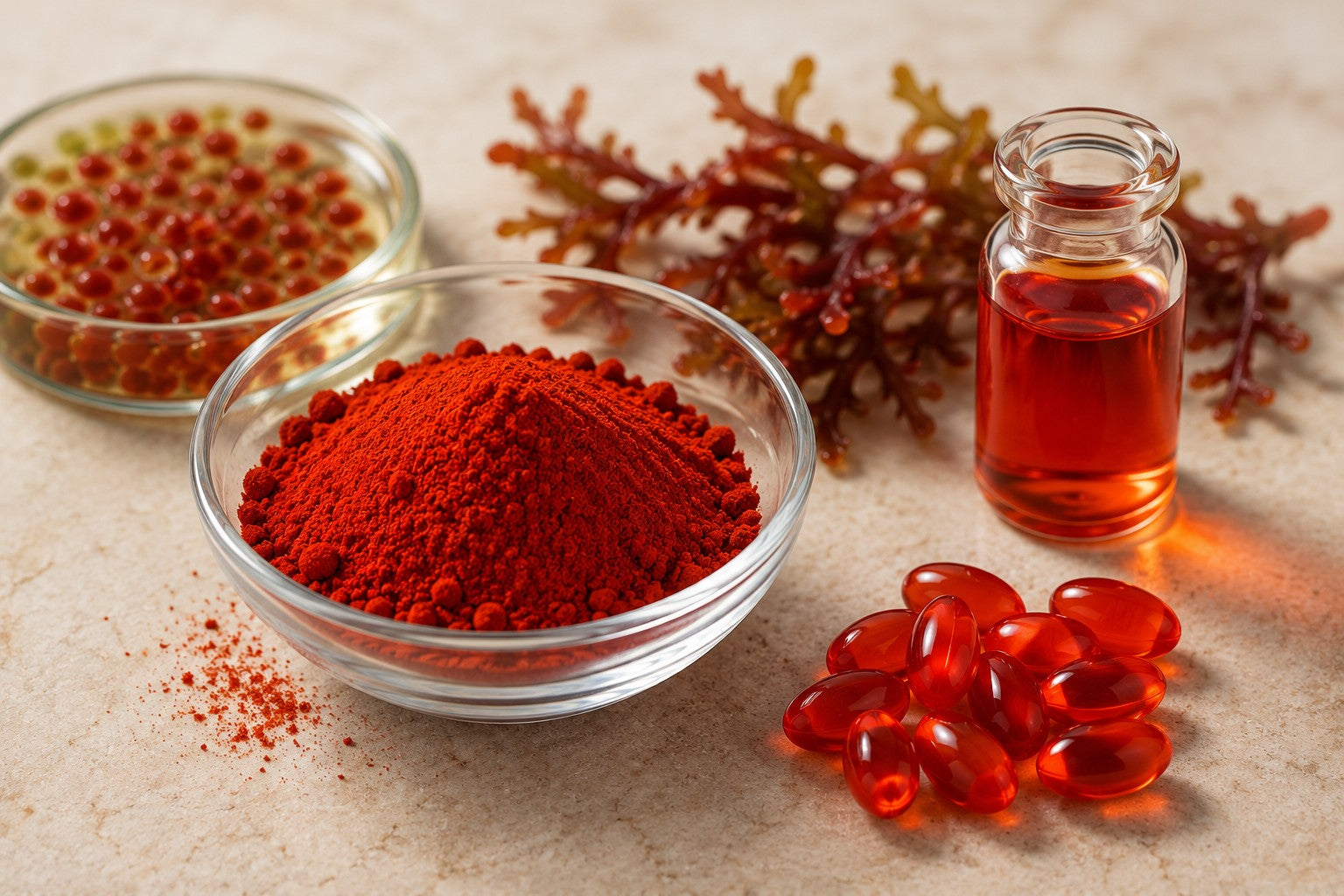 Astaxantin i form av pulver och olja samt kapslar, en kraftfull antioxidant för hälsa och skönhet.