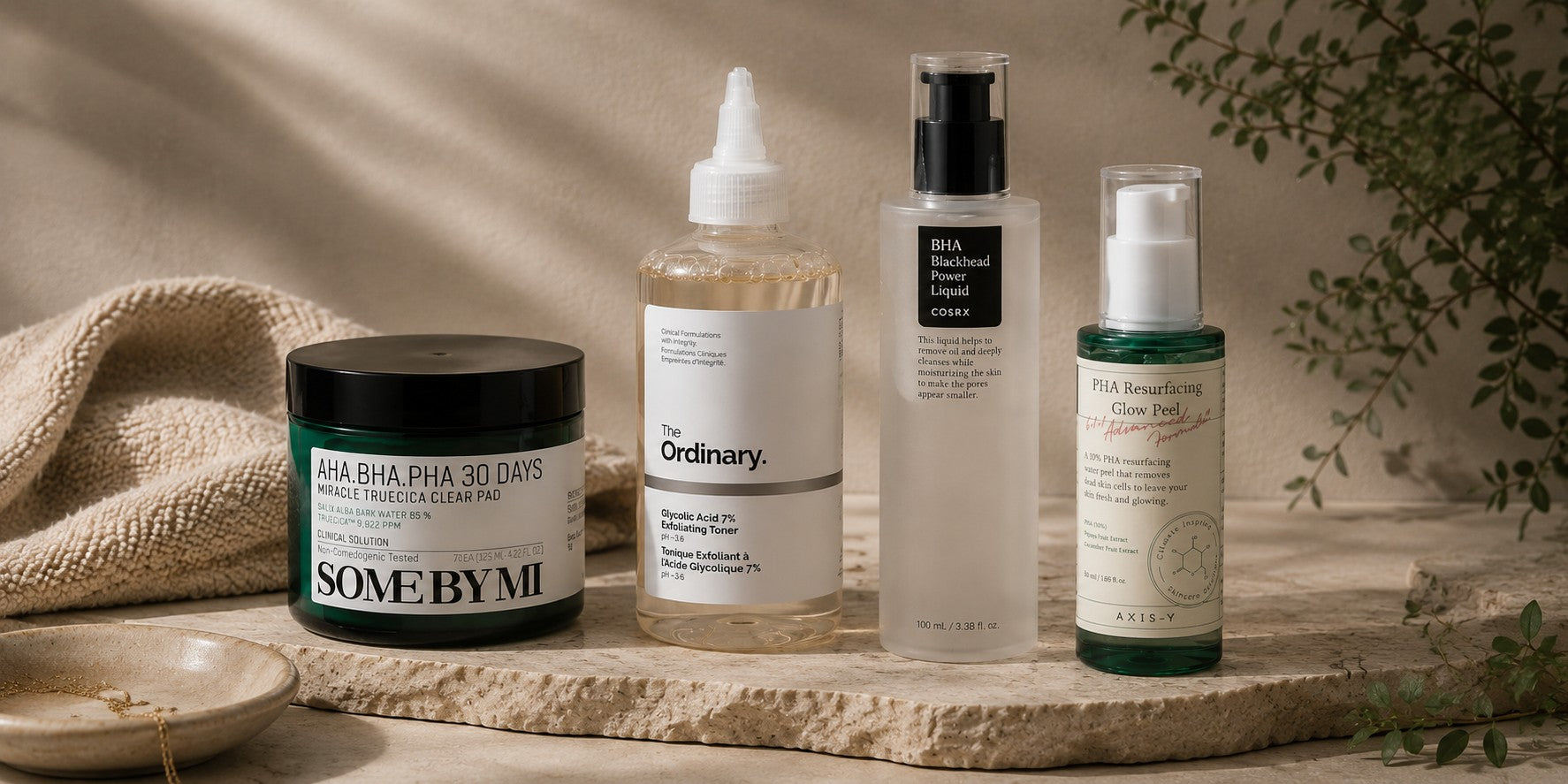 Peeling & Exfoliering produkter inklusive AHA, BHA, och PHA för hudvård i en elegant miljö.