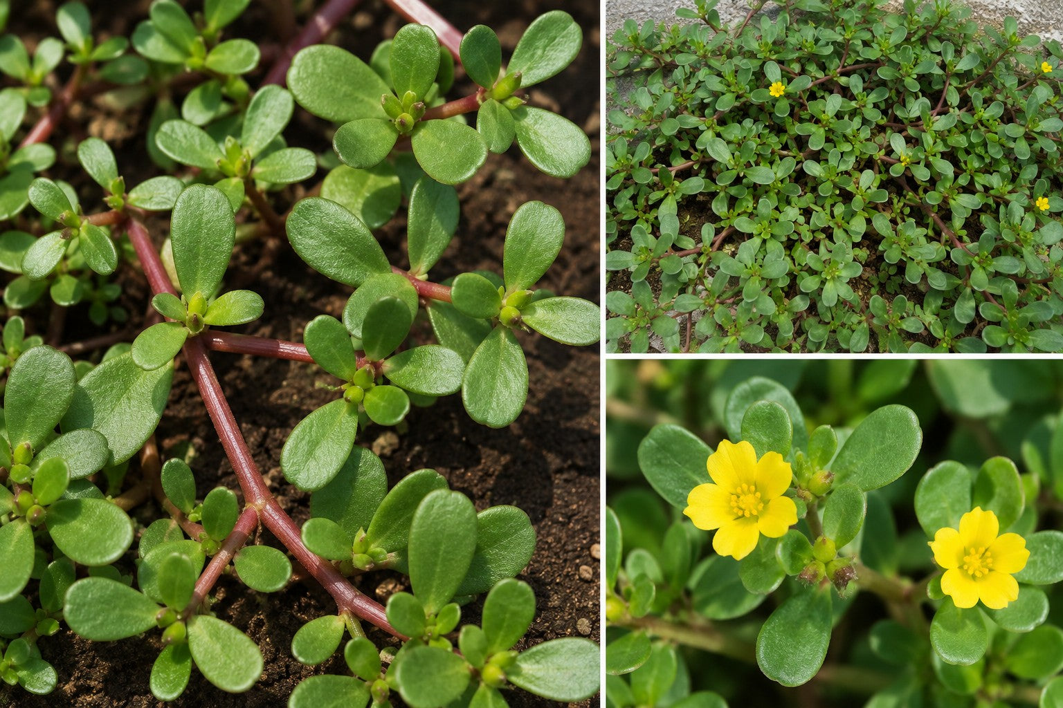 Portulaca växt med gröna blad och gula blommor, känd för sina lugnande och antioxidant-rika egenskaper.