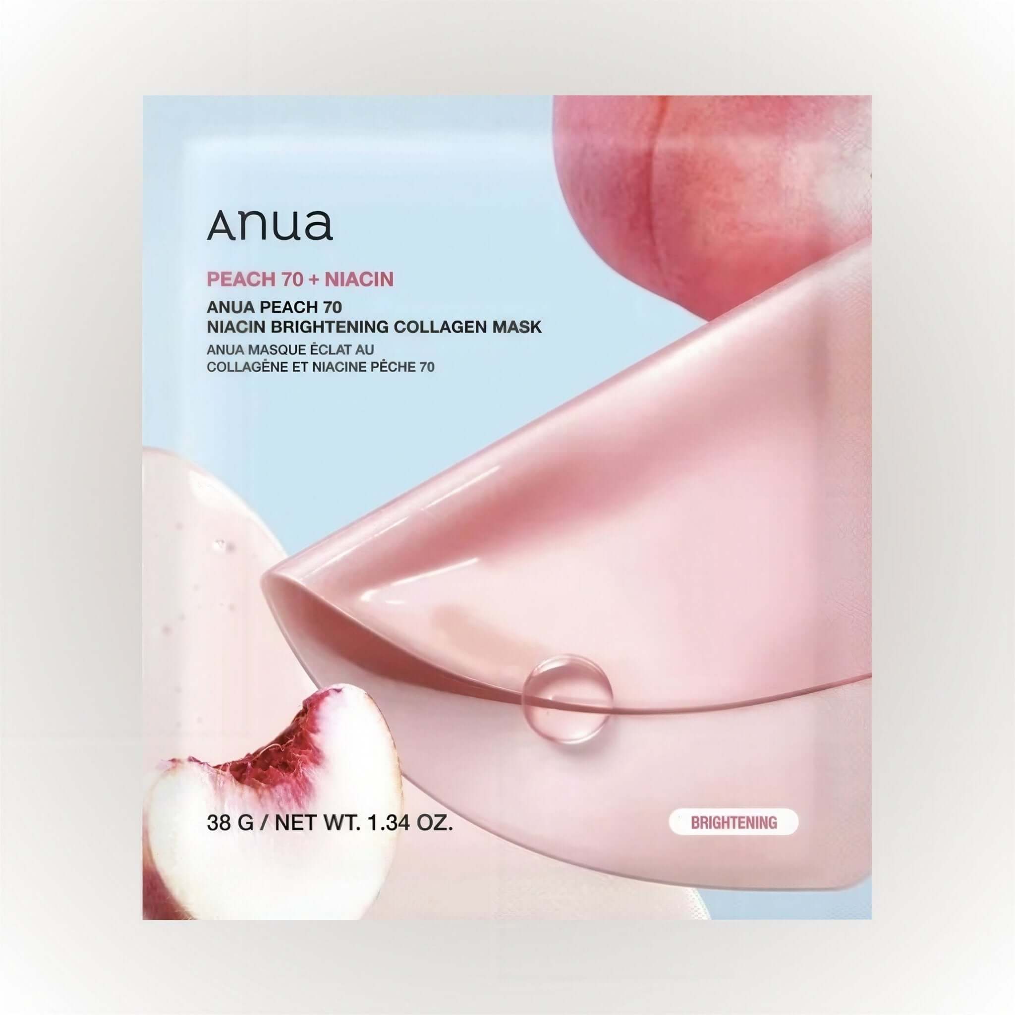 Anua Peach 70 Niacin Brightening Collagen Mask 38g produktförpackning med persikoextrakt och ljusnande effekt.