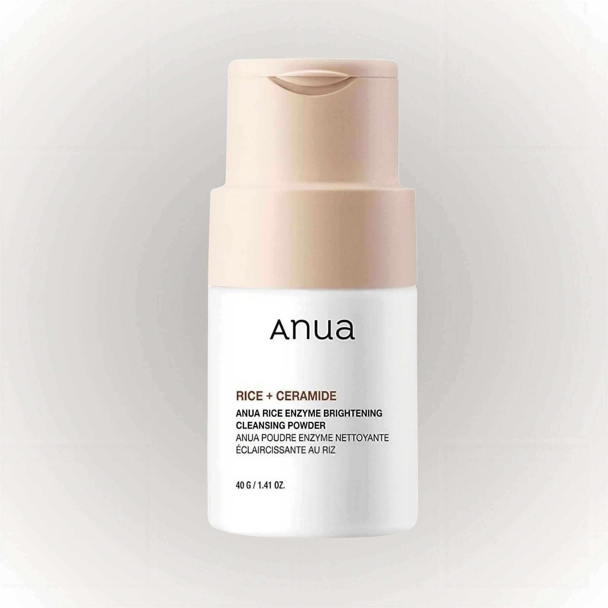 Anua Rice Enzyme Brightening Cleansing Powder 40g produktbild med ceramid och enzymbaserat rengöringspulver.