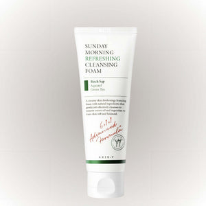 Axis-Y Sunday Morning Refreshing Cleansing Foam 120ml i vit tub med grön text och ingredienser.
