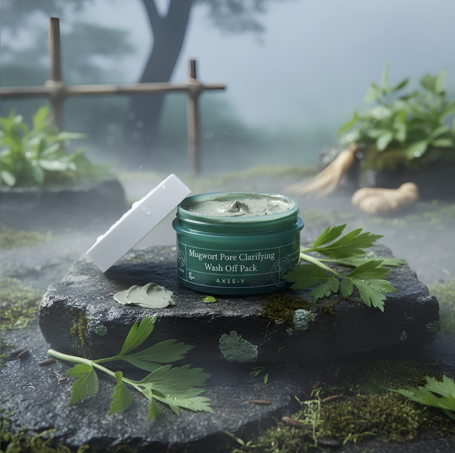 Axis-Y Mugwort Pore Clarifying Wash Off Pack i grön burk med öppet lock på naturlig bakgrund.