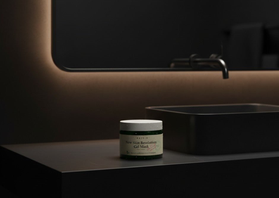 Axis-Y New Skin Resolution Gel Mask 100ml på ett modernt badrumsskåp med en mörk bakgrund.