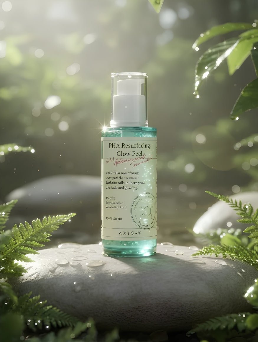 AXIS-Y PHA Resurfacing Glow Peel 50ml flaska omgiven av natur i bakgrunden med mjukt ljus.
