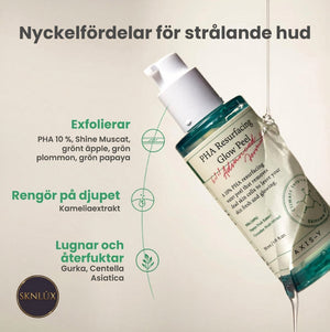 AXIS-Y PHA Resurfacing Glow Peel flaska med nyckelfördelar för strålande hud i fokus