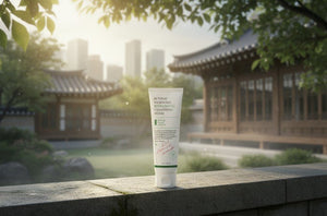 Axis-Y Sunday Morning Refreshing Cleansing Foam i en grönskande miljö med traditionell arkitektur.