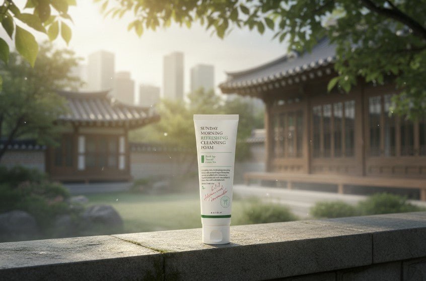 Axis-Y Sunday Morning Refreshing Cleansing Foam i en grönskande miljö med traditionell arkitektur.