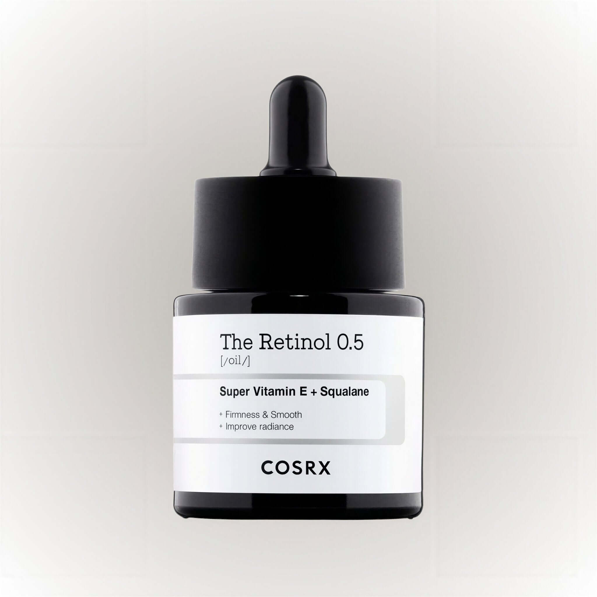 COSRX The Retinol 0.5 Oil 20ml med squalane och vitamin E för fastare och mer strålande hud.
