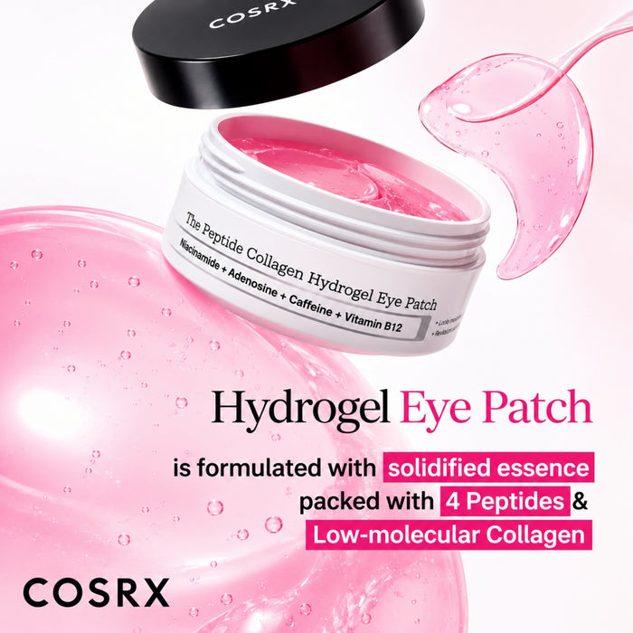 COSRX hydrogelögonlappar: burk med rosa gel samt skopa och gelplatta