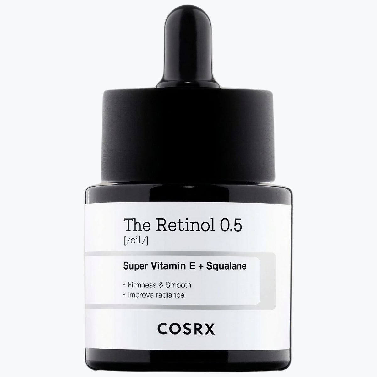 COSRX retinol 0,5-olja i mörk glasflaska med pipett och etikett
