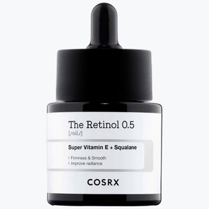 COSRX retinol 0,5-olja i mörk glasflaska med pipett och etikett