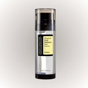 COSRX Advanced Snail Radiance Dual Essence 80ml i en elegant flaska med dubbel-pump och lätt formula.