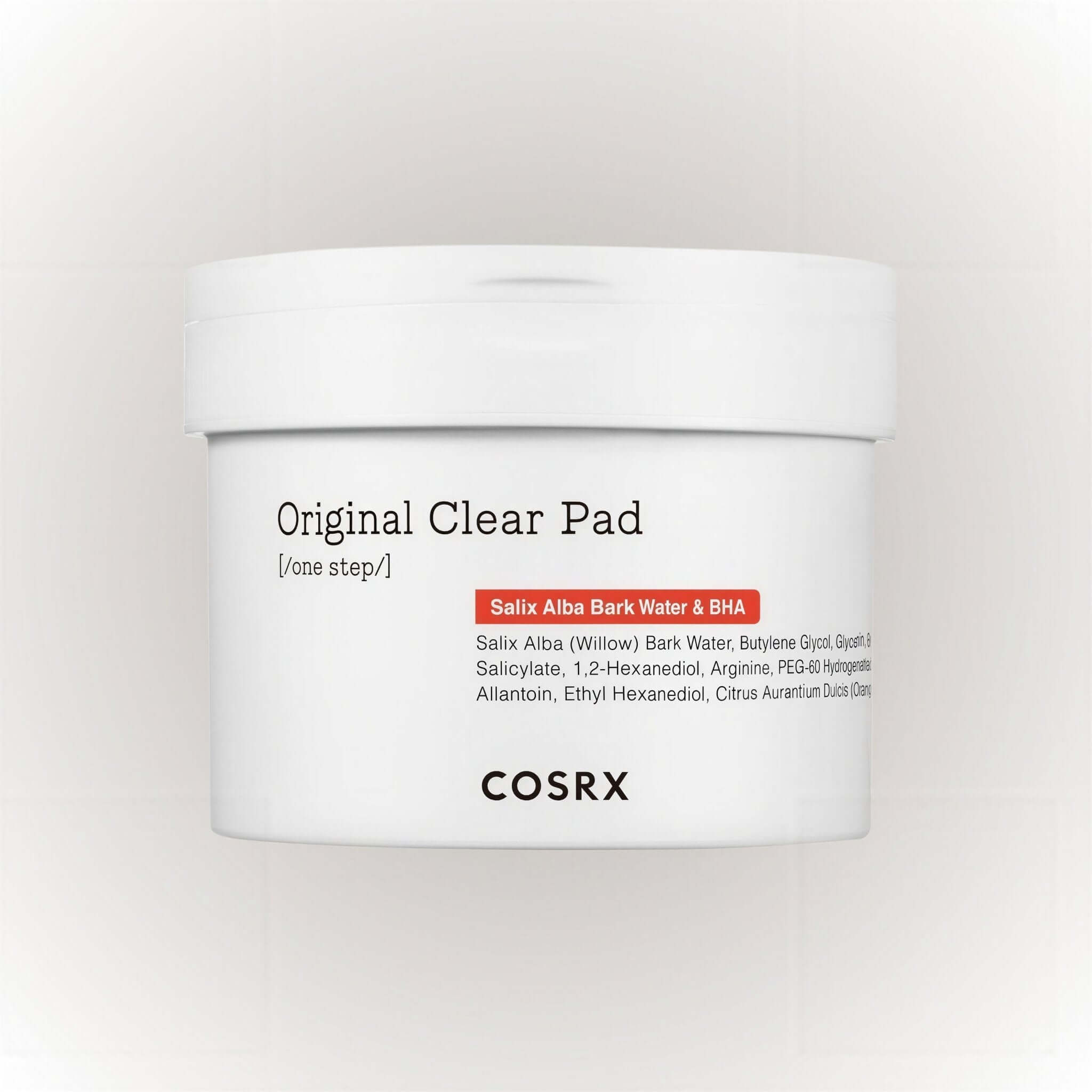 COSRX One Step Original Clear Pad i burk med ingrediensinformation och exfolierande behandling.