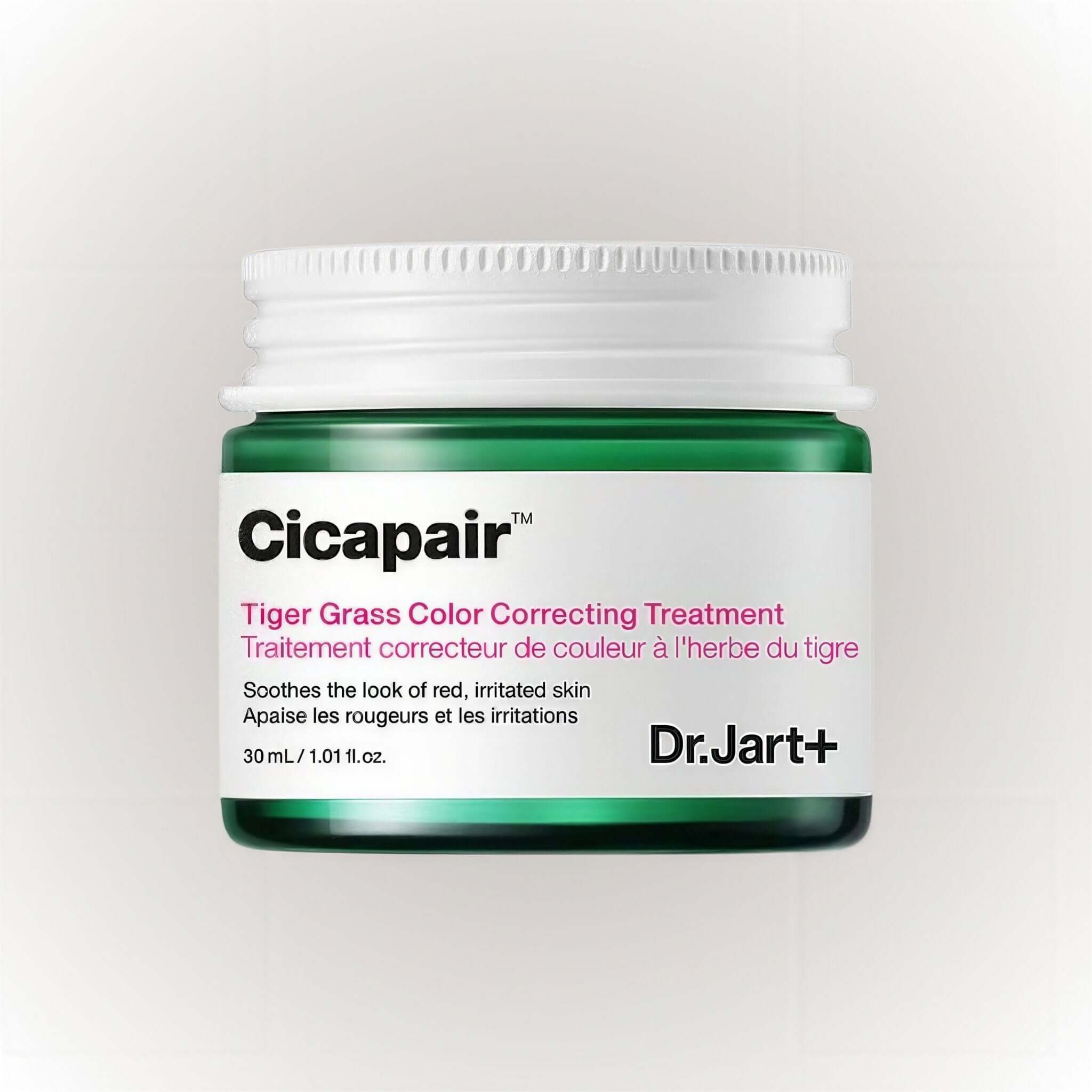 Dr.Jart+ Cicapair Tiger Grass Color Correcting Treatment 30ml i en rund burk med grön och vit design.