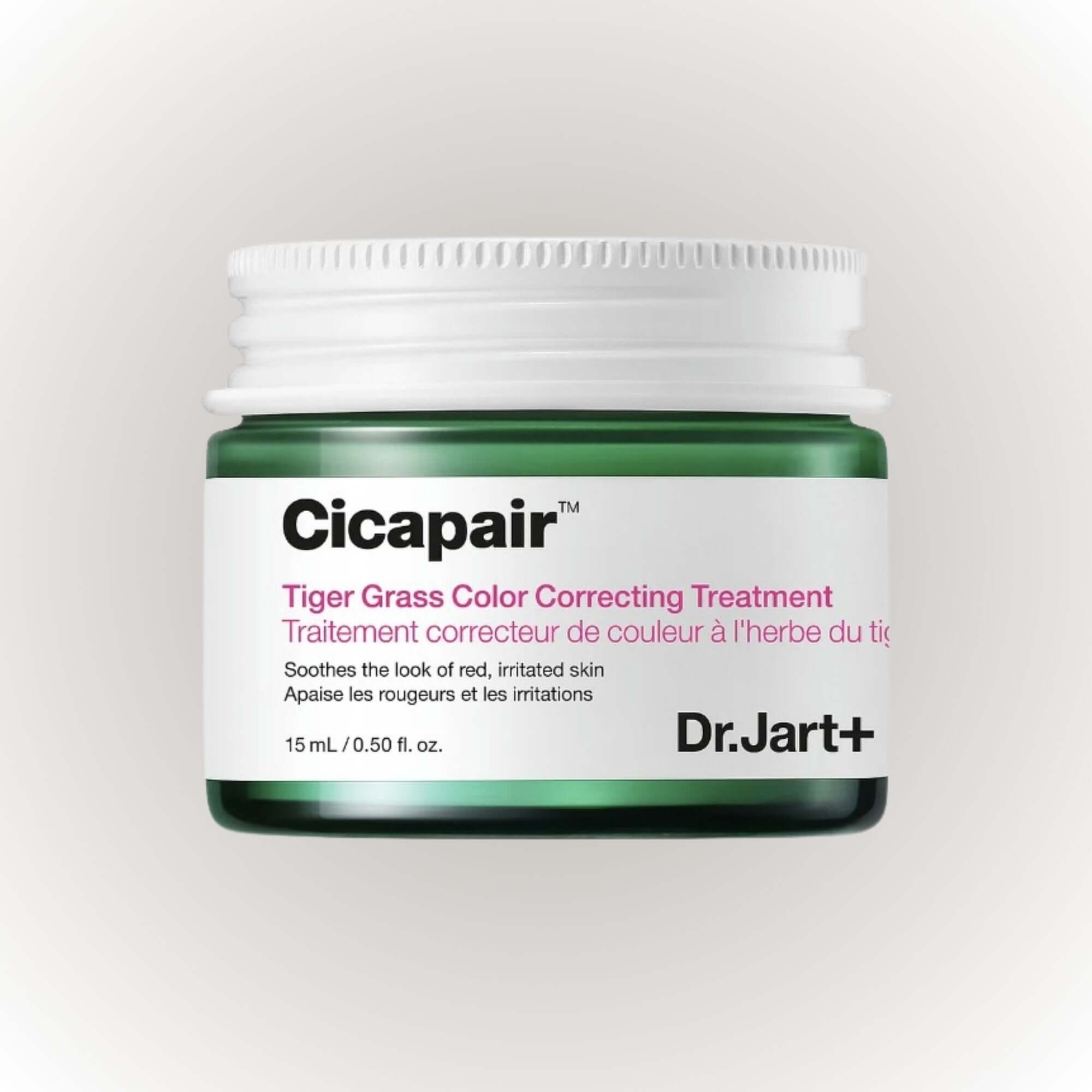 Dr.Jart+ Cicapair Tiger Grass Color Correcting Treatment 15ml i en burk som neutraliserar rodnad och jämnar ut hudtonen.
