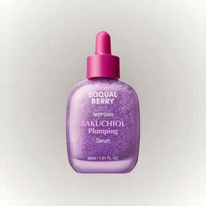 EQQUALBERRY Bakuchiol Plumping Serum i en lila flaska med pipett, 30ml.