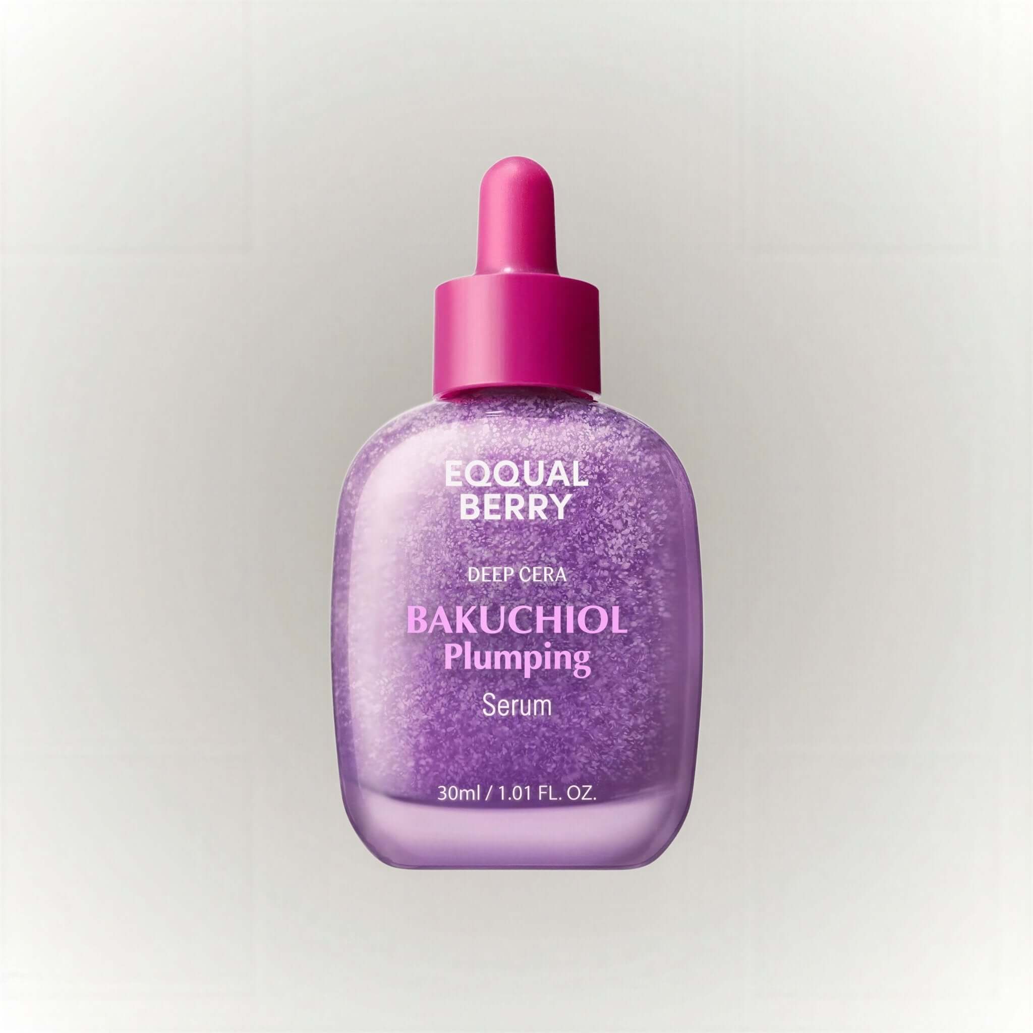EQQUALBERRY Bakuchiol Plumping Serum i en lila flaska med pipett, 30ml.
