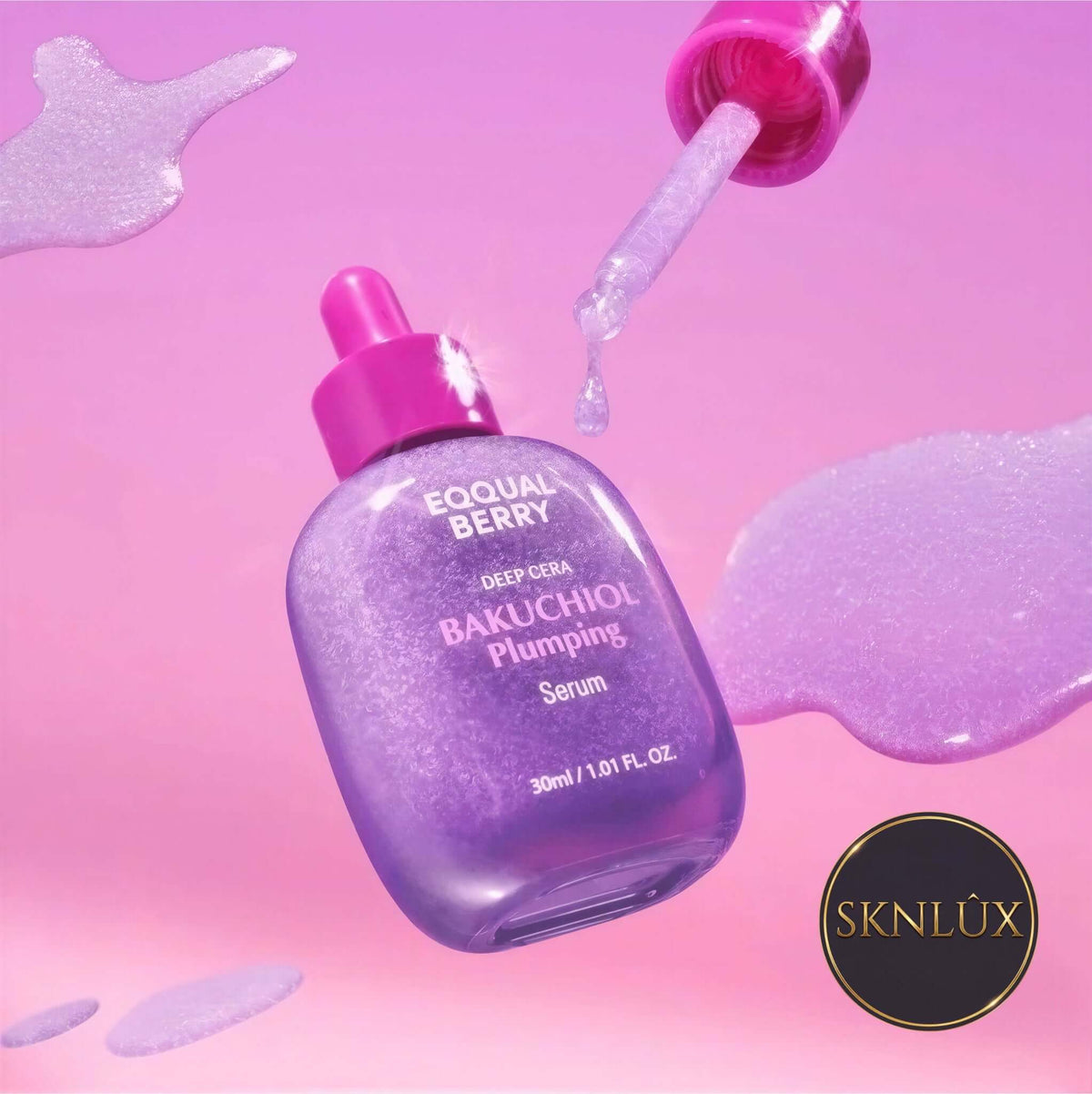 EQQUALBERRY Bakuchiol Plumping Serum i en lila flaska med dropper och glänsande serum.