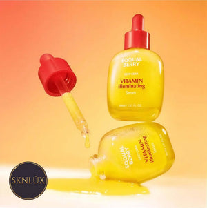 EQQUALBERRY Vitamin Illuminating Serum 30ml med dropper och serum som rinner ut.