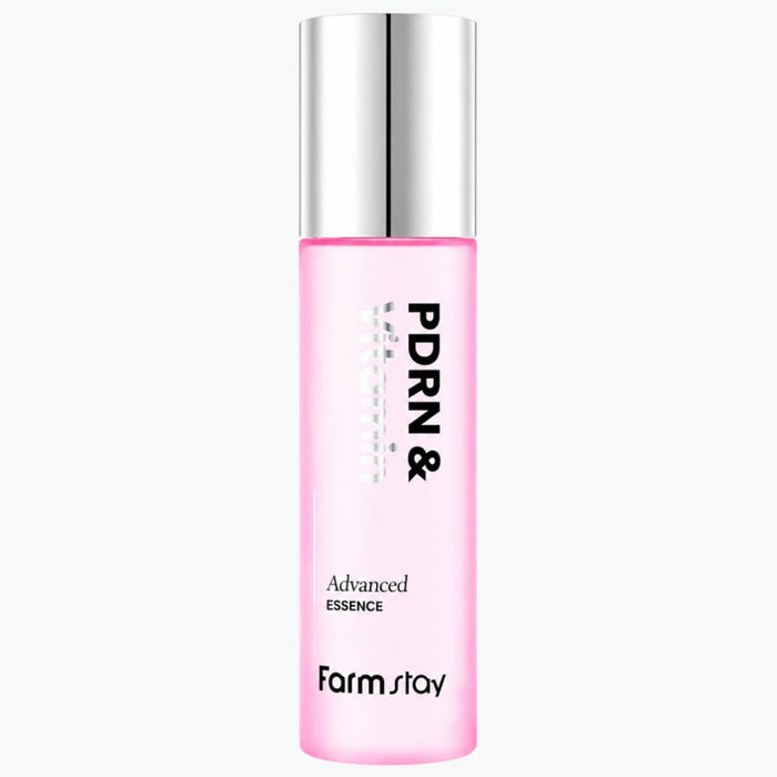 Essenceflaska med rosa etikett och silverlock, Farm stay PDRN & Advanced