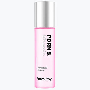 Essenceflaska med rosa etikett och silverlock, Farm stay PDRN & Advanced