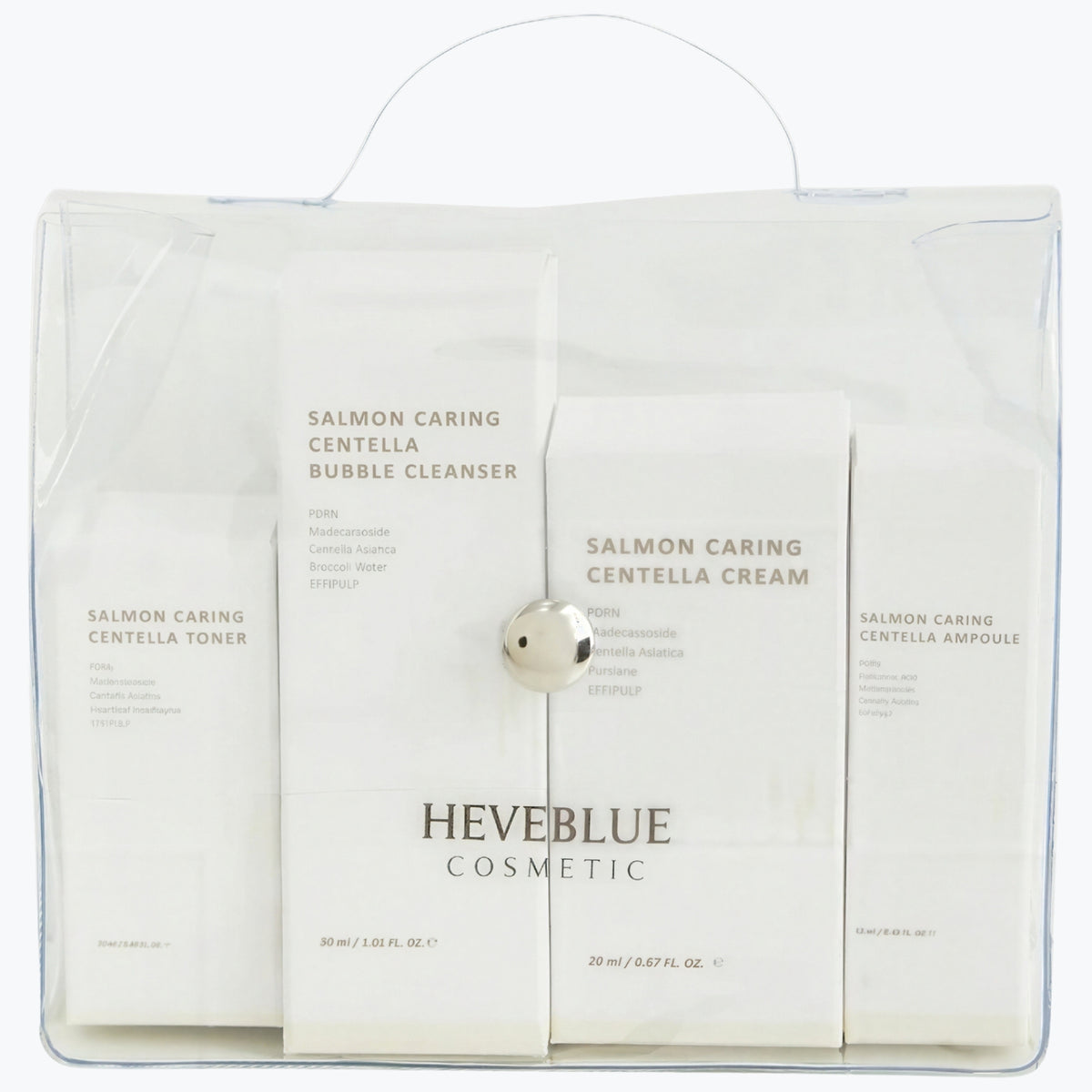HEVEBLUE resekitt med Centella, 4 delar: toner, rengöring, kräm, ampull