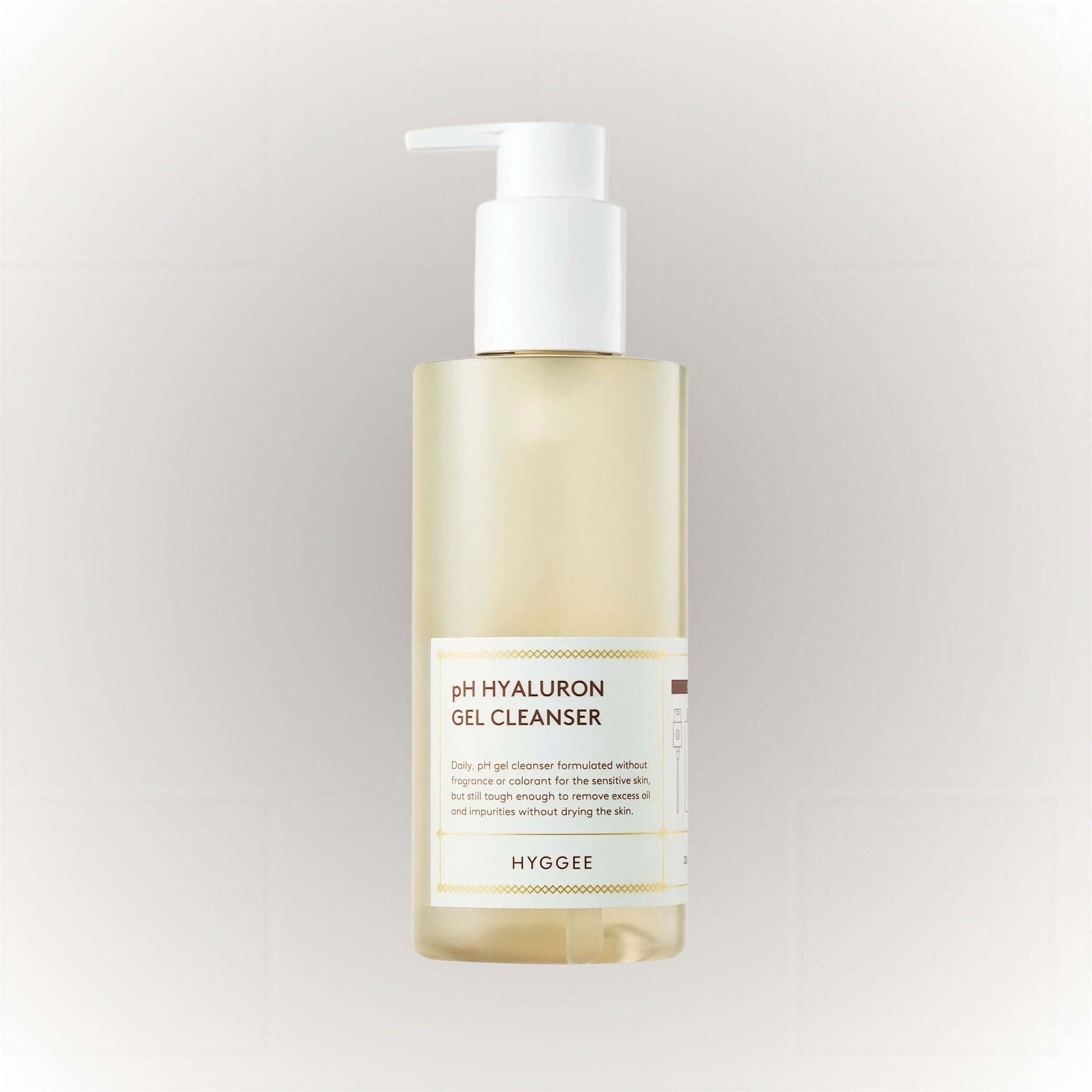 Hyggee pH Hyaluron Gel Cleanser 200ml i transparentflaska med pumpdispenser.