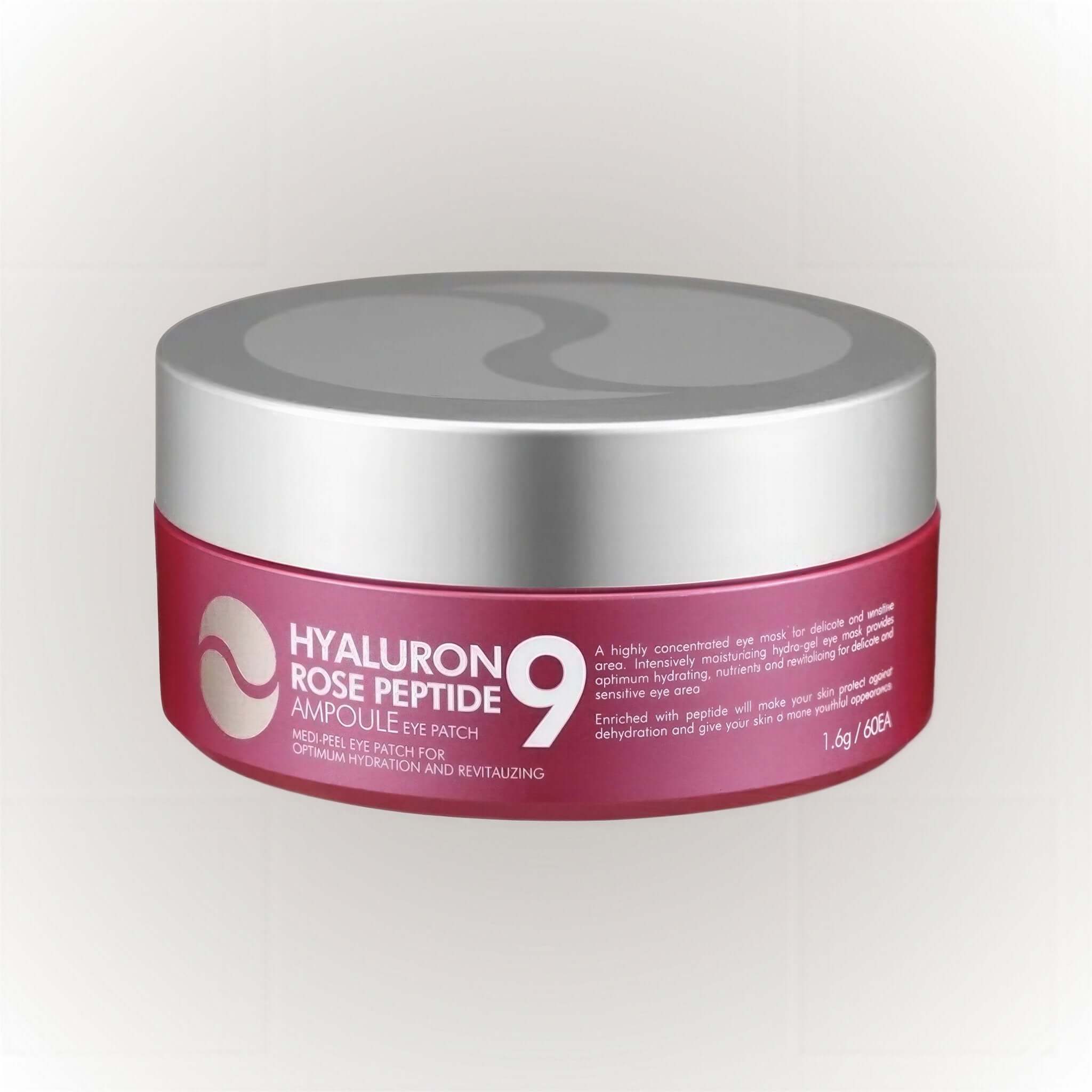 MEDIPEEL Hyaluron Rose Peptide 9 Ampoule Eye Patch 60-plåster i en förpackning för intensiv ögonvård.