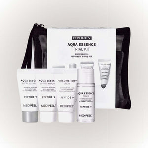 MEDIPEEL Peptide 9 Aqua Essence Trial Kit med fyra hudvårdsprodukter i en bekväm förpackning.