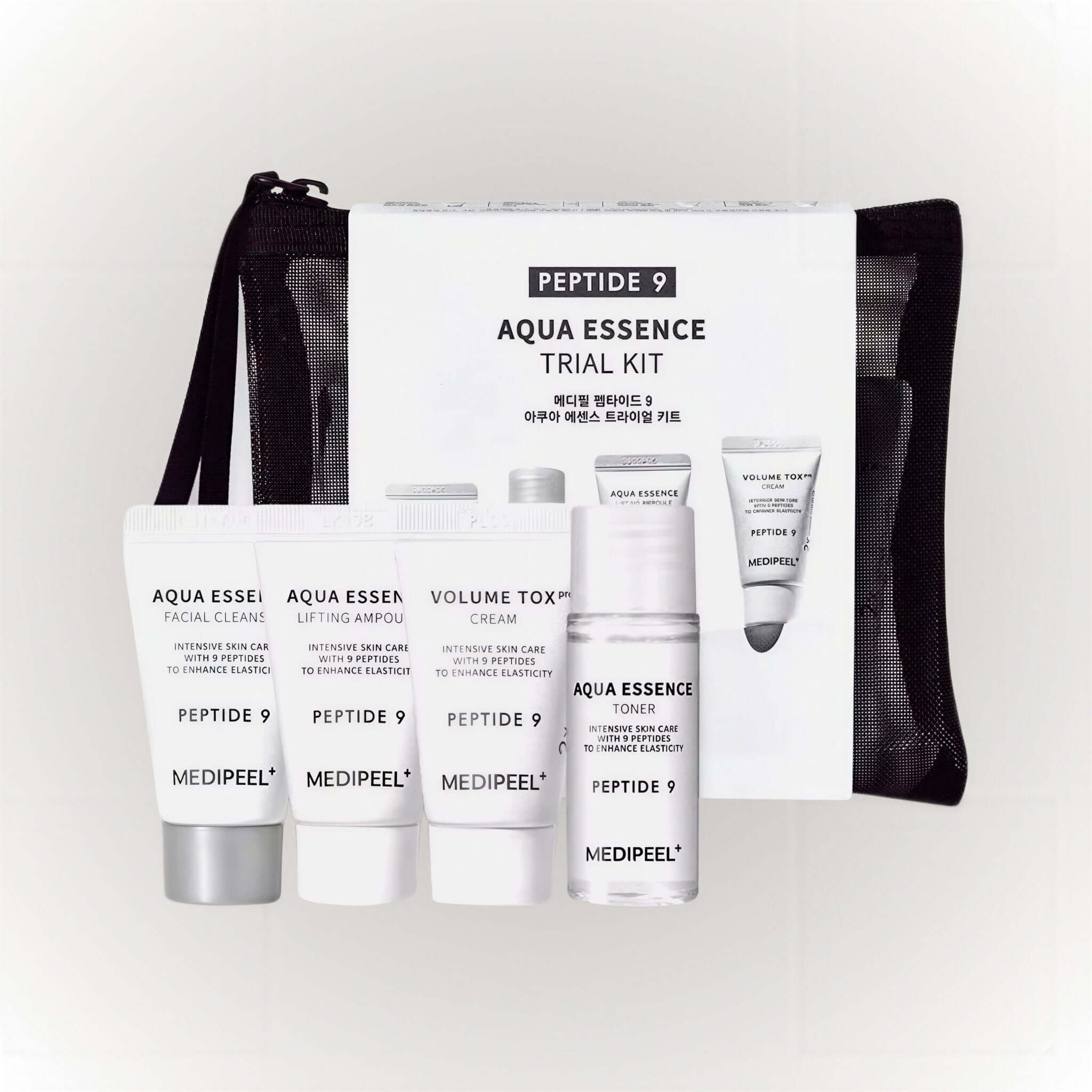MEDIPEEL Peptide 9 Aqua Essence Trial Kit med fyra hudvårdsprodukter i en bekväm förpackning.
