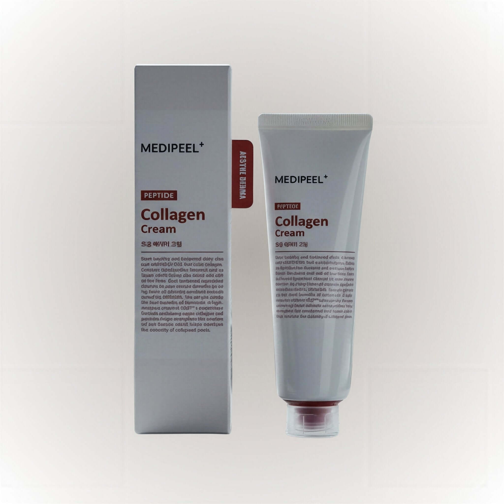 MEDIPEEL Red Lacto Collagen Barrier Firming Cream i förpackning och tub, idealisk för uppstramande hudvård.