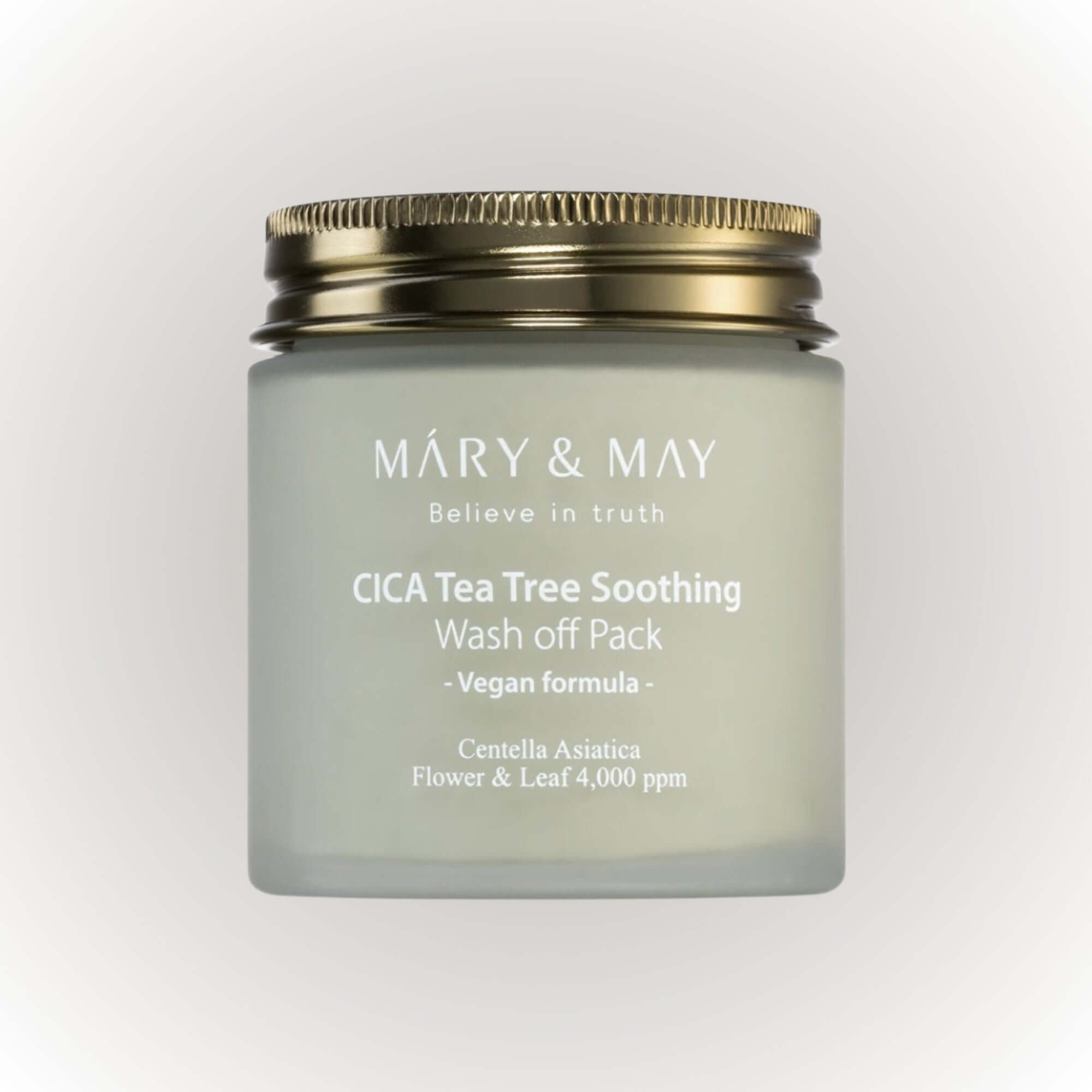 Mary & May Vegan Cica Tea Tree Soothing Wash Off Pack i en glasburk med veganformel och centella asiatica