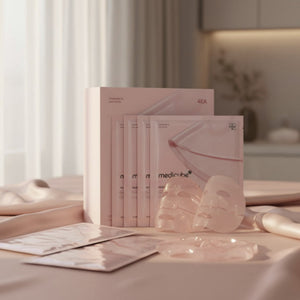 4-pack gelmasker i rosa, genomskinliga ark med medicube-förpackning