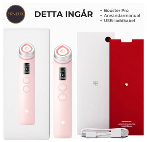 Medicube AGE-R Booster Pro med användarmanual och USB-laddkabel i paket. Beauty Tech Pink.