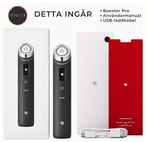 Medicube AGE-R Booster Pro med USB-laddkabel och användarmanual för effektiv hudvård.