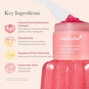 Collagengelekräm i rosa burk med ingrediensruta och text om nyckelingredienser.
