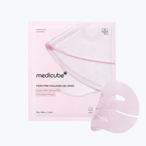 Rosa gelmask med Medicube-förpackning och ansiktsmask i engångsark