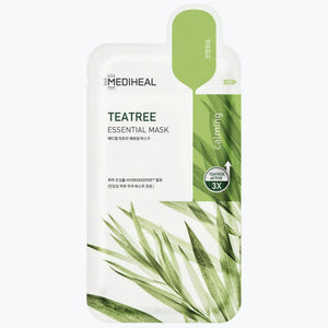 Mediheal Teatree Essential Mask ansiktsmask i förpackning, gröna blad