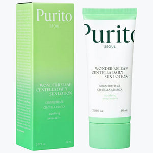 Sol-lotion i tub 60 ml med Purito-etikett och grönt lock