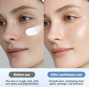 Före och efter användning av Beauty Of Joseon Relief Sun Aqua-Fresh, visar förbättringar i hudens utseende.
