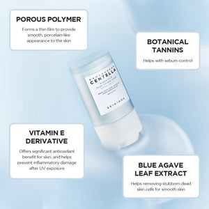 SKIN1004 Madagascar Centella Hyalu-Cica Silky-Fit Sun Stick med ingredienser som poröst polymer, botaniska tanniner och vitamin E.