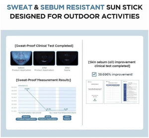 SKIN1004 Madagascar Centella Hyalu-Cica Silky-Fit Sun Stick sweat and sebum resistant clinical test results for outdoor activities.