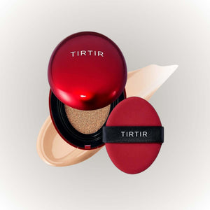 TIRTIR Mask Fit Red Cushion 18g med appliceringssvamp i elegant röd förpackning och krämig foundation