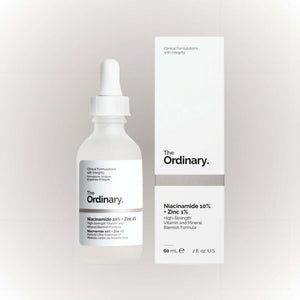 The Ordinary Niacinamide 10% + Zinc 1% 30ml serum in a dropper bottle with packaging