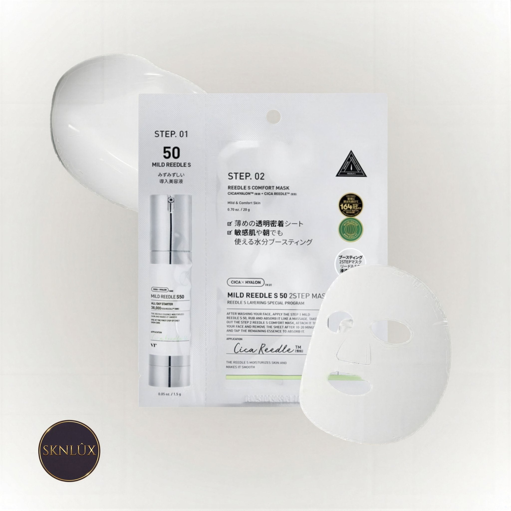 VT Cosmetics Mild Reedle Shot 50 2-Step Mask för skonsam hudstimulering och återfuktning.