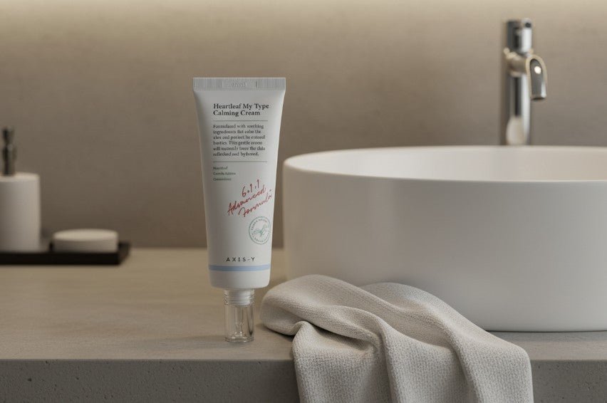 Axis-Y Heartleaf My Type Calming Cream 60ml stående på ett bänkskivare med en vit tvättduk i närheten.