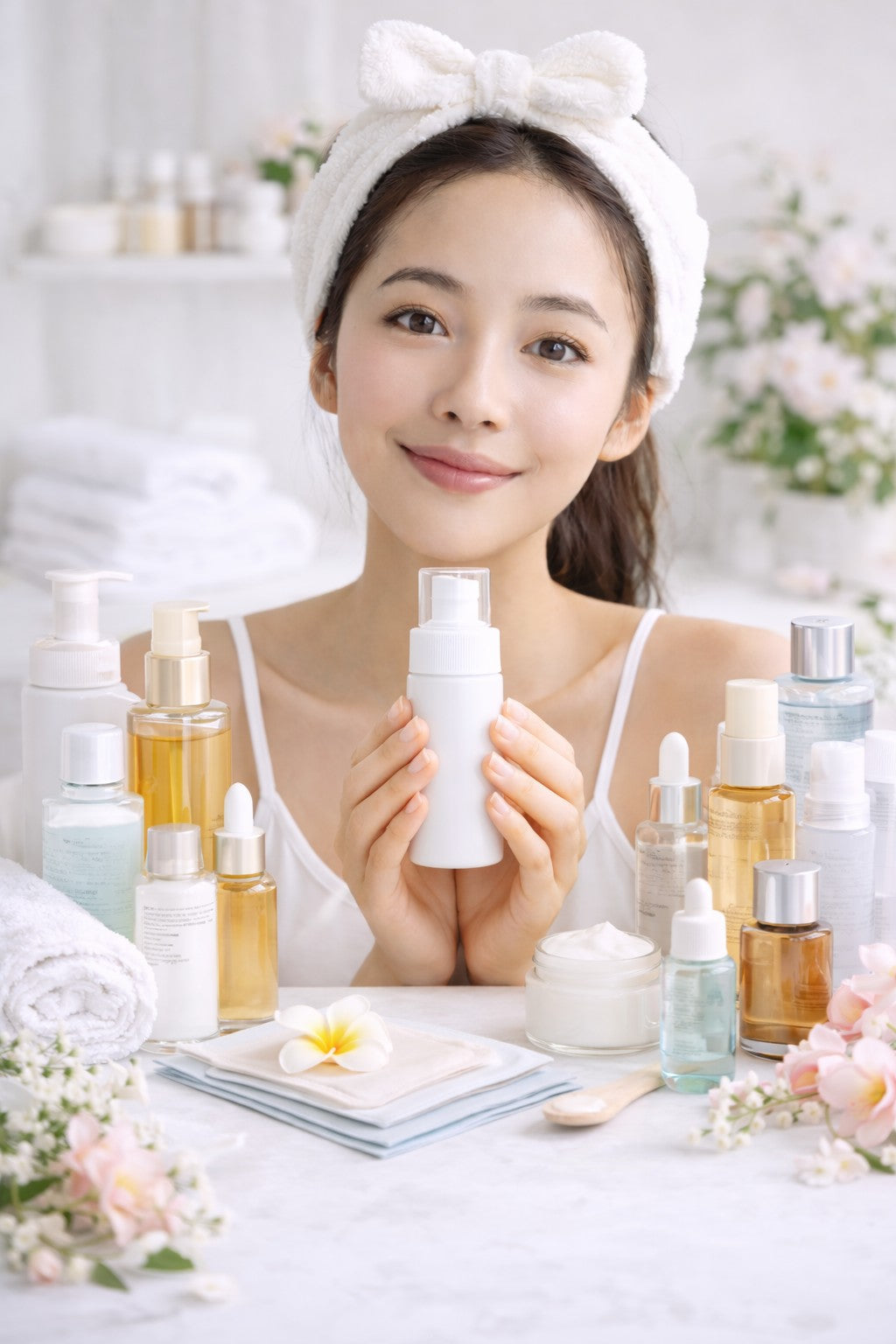 Koreansk hudvårdsrutin i 10 steg med ung kvinna som håller en rengöringsprodukt och omges av toner, essence, serum, ampull, ansiktsmask, ögonkräm, ansiktskräm och solskydd i ljus spa-miljö