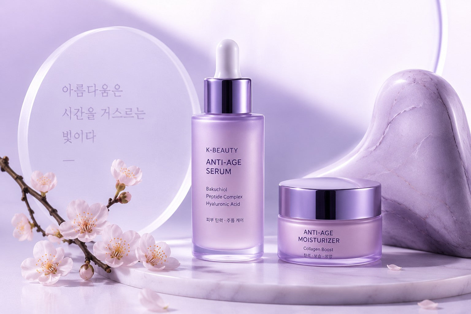 K-beauty Anti-Age serum and moisturizer with flowers, capturing effective anti-aging skincare.