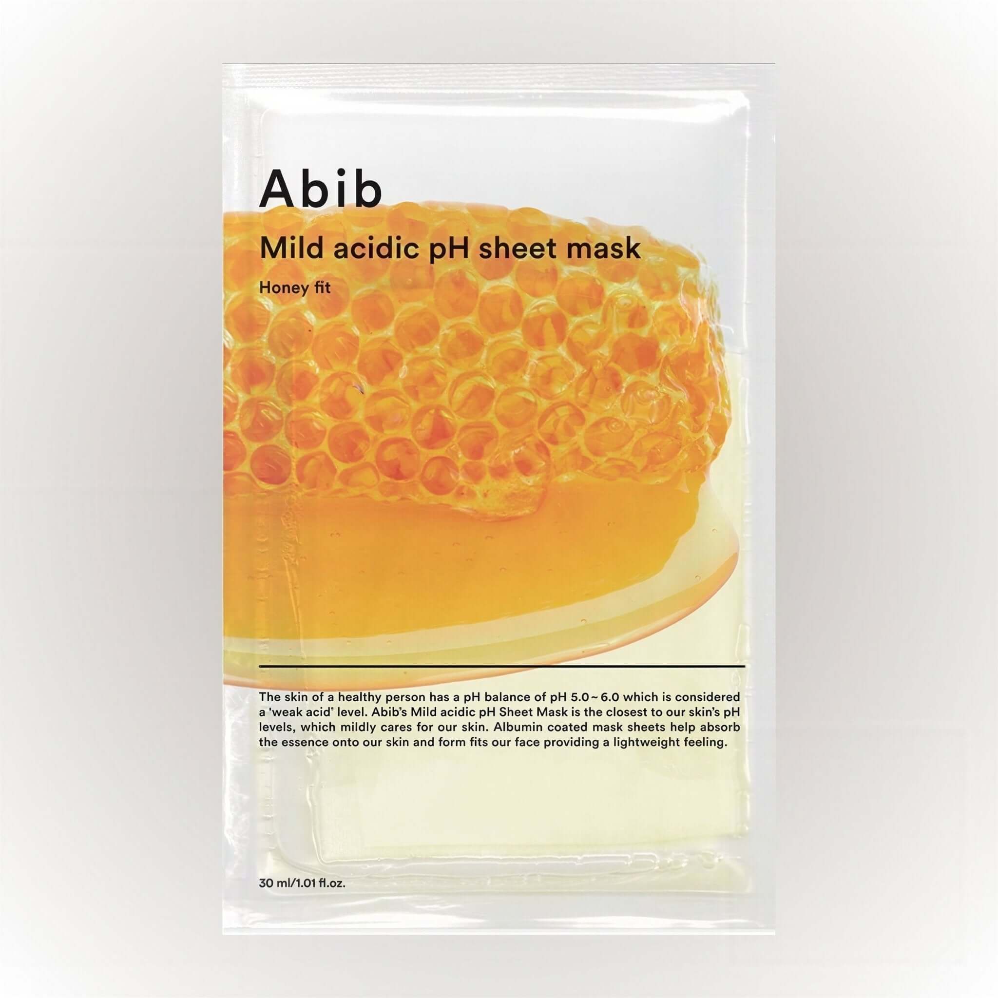 Abib Mild Acidic pH Sheet Mask Honey Fit i förpackning med honung och textur som ger intensiv återfuktning.
